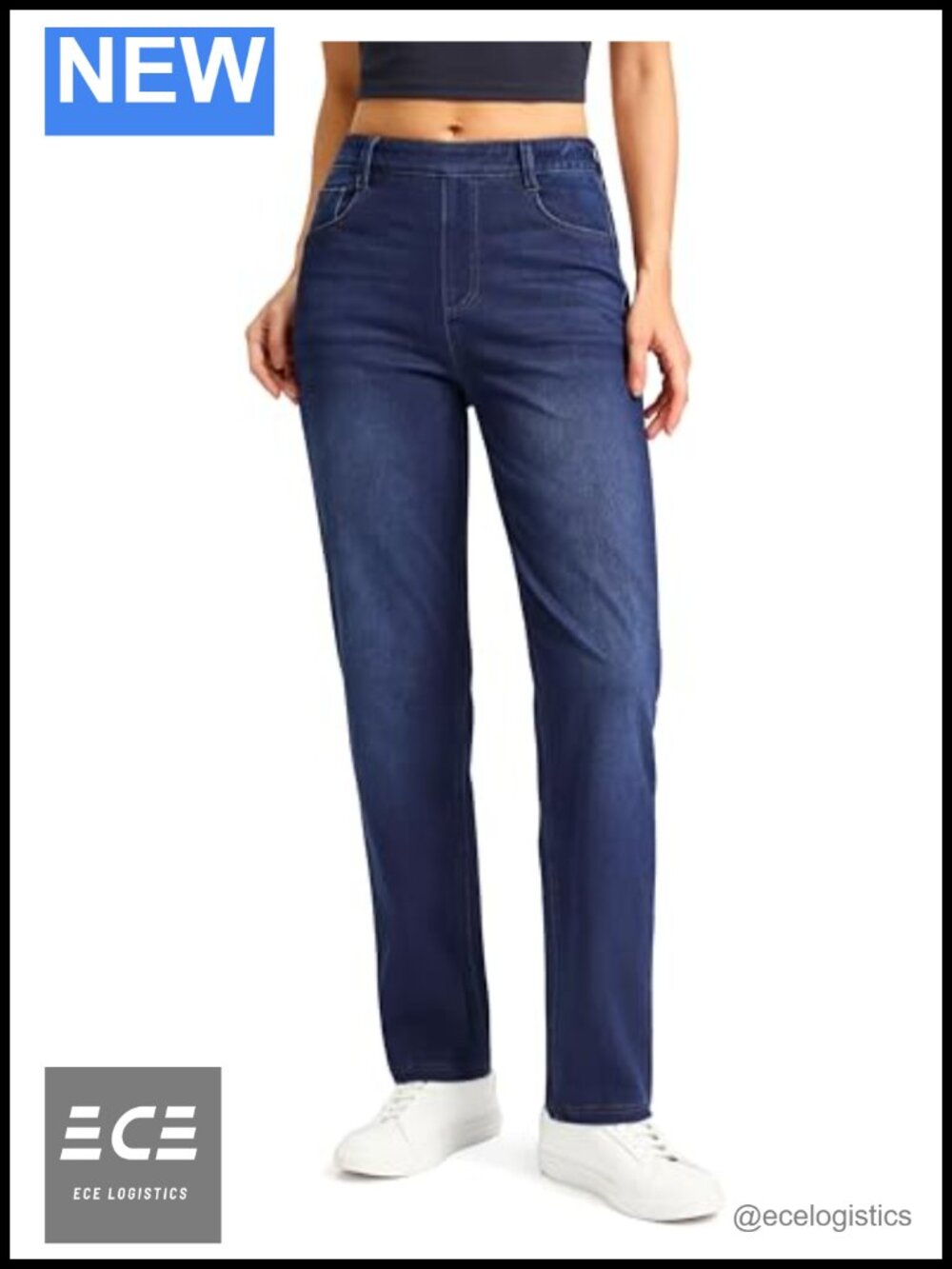 Women's Stretchy Pull On Jeans High Waisted Straight Leg Tummy Control